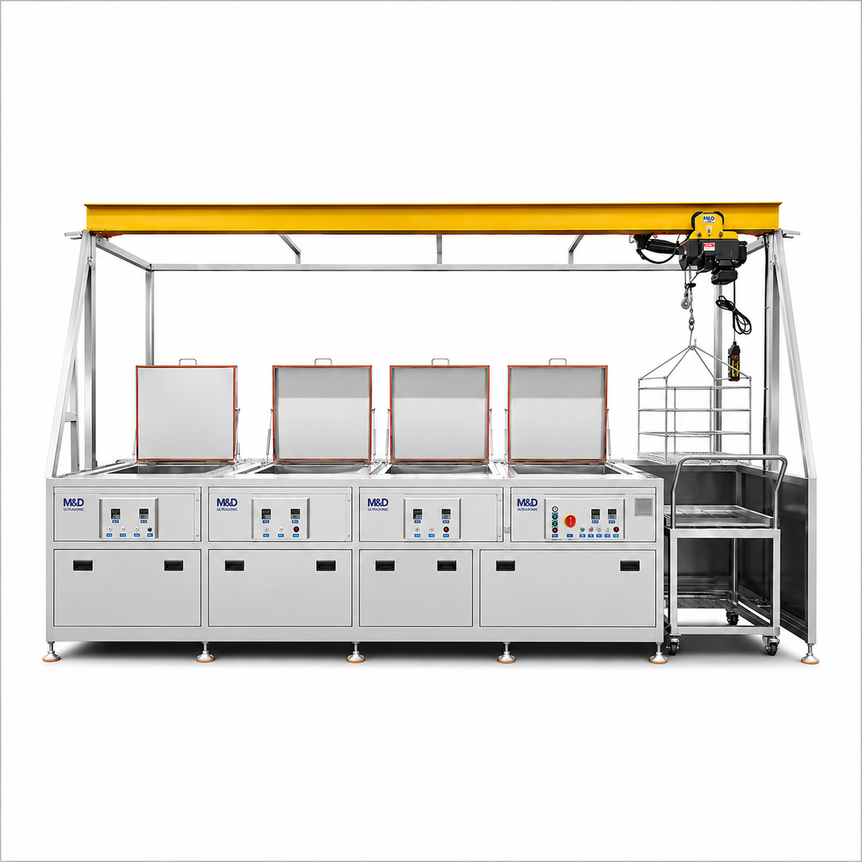 Máy rửa 4 Tank có Balance nâng hạ Máy rửa siêu âm có Hệ thống nâng hạ và di chuyển giỏ bằng pa lăng điện trên dầm monorail